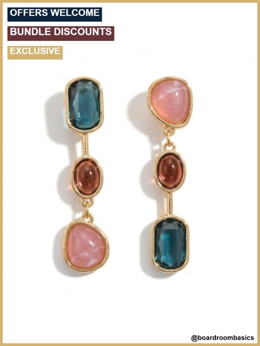 Three Layered Synthetic Gemstone Dangle Drop Earrings Gold-Toned Alloy